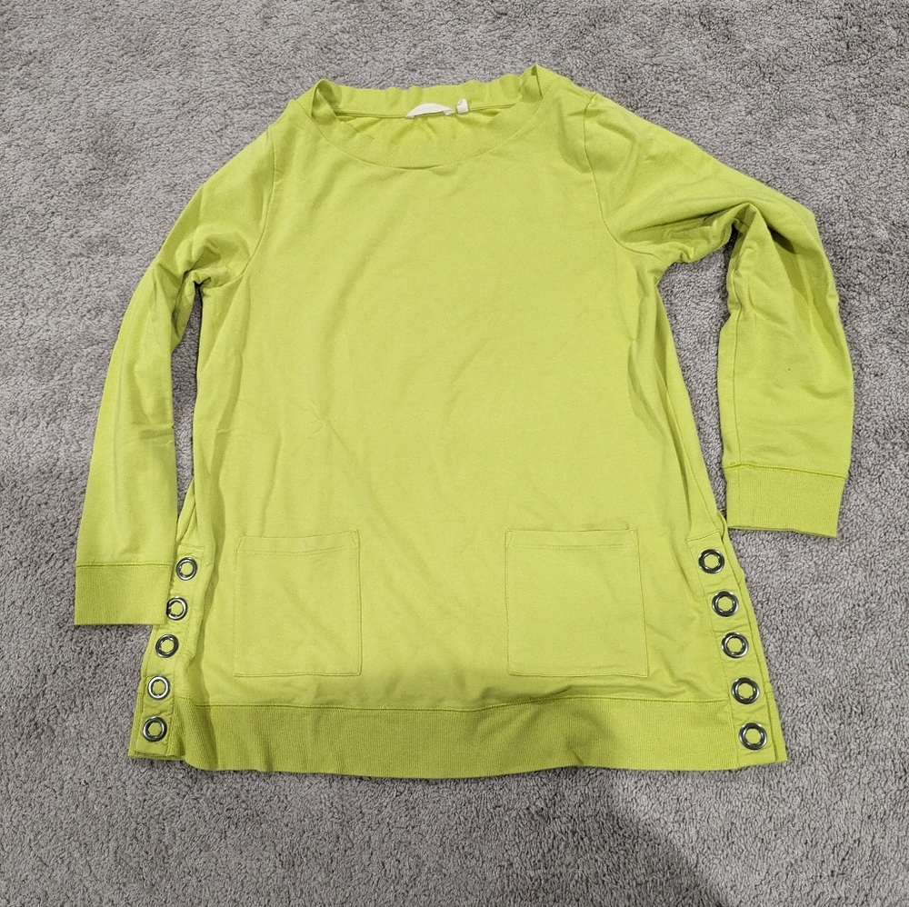 Soft Surroundings Women Tunic Sweater Size L Green Snap Sides Pullover Casual